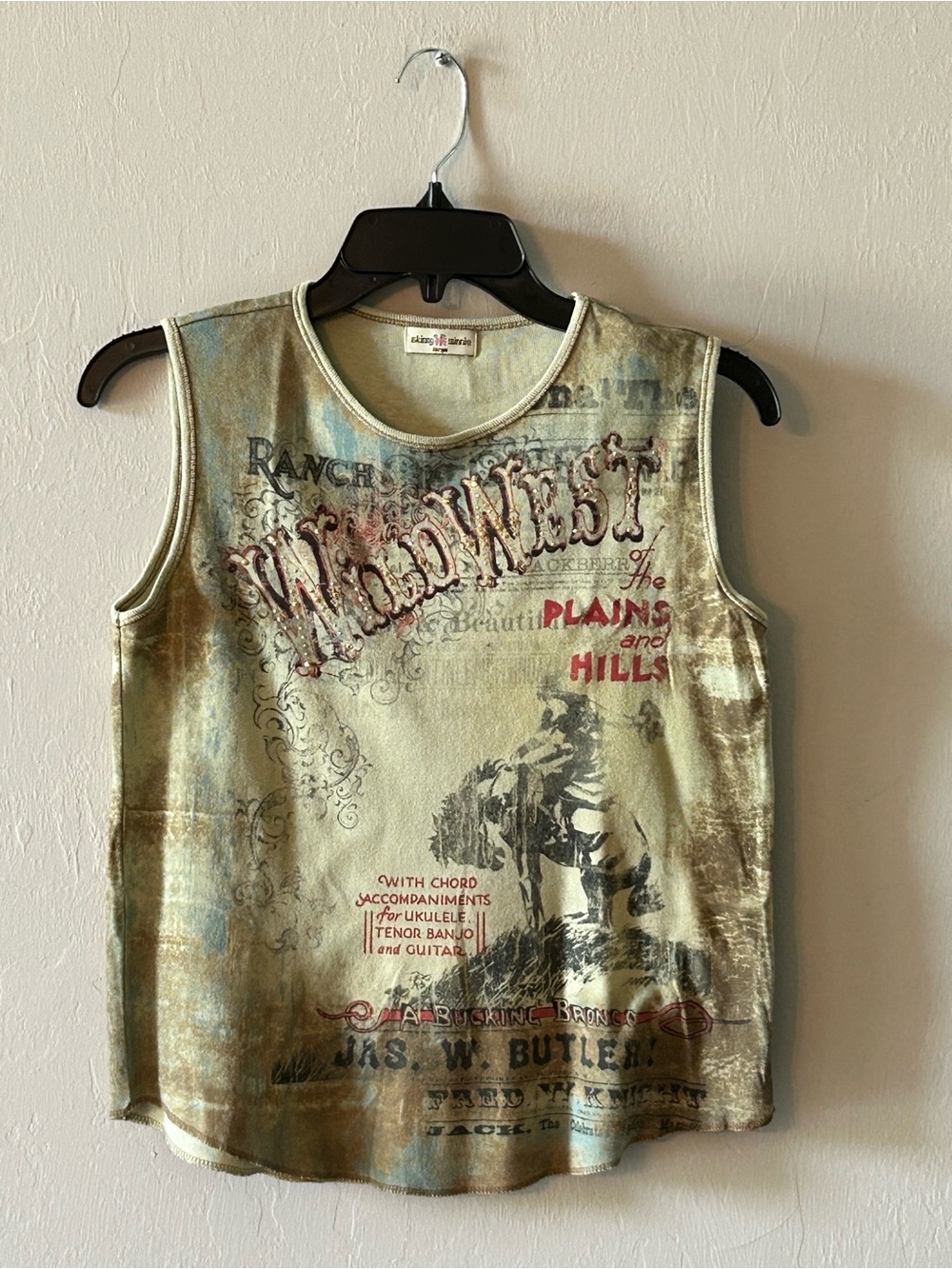 Vtg Skinny Minnie Sz L Wild West Graphic Tank Top Y2K Biker Boho Studded Grunge